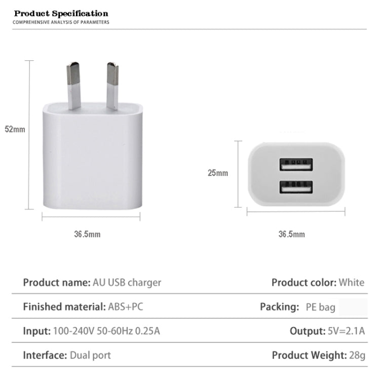 Mini Dual Port USB Charger with USB to 8 Pin Data Cable, AU Plug, AU Plug + 8 Pin Cable