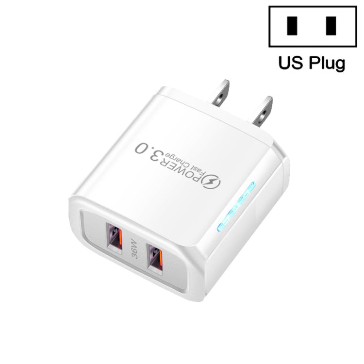 36W Dual Port QC3.0 USB Mobile Phone Charger Dual 18W Output, US Plug, US Plug