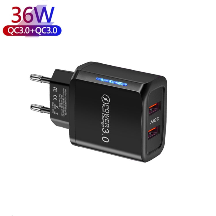 36W Dual Port QC3.0 USB Mobile Phone Charger Dual 18W Output, EU Plug, EU Plug