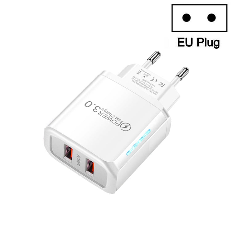 36W Dual Port QC3.0 USB Mobile Phone Charger Dual 18W Output, EU Plug, EU Plug