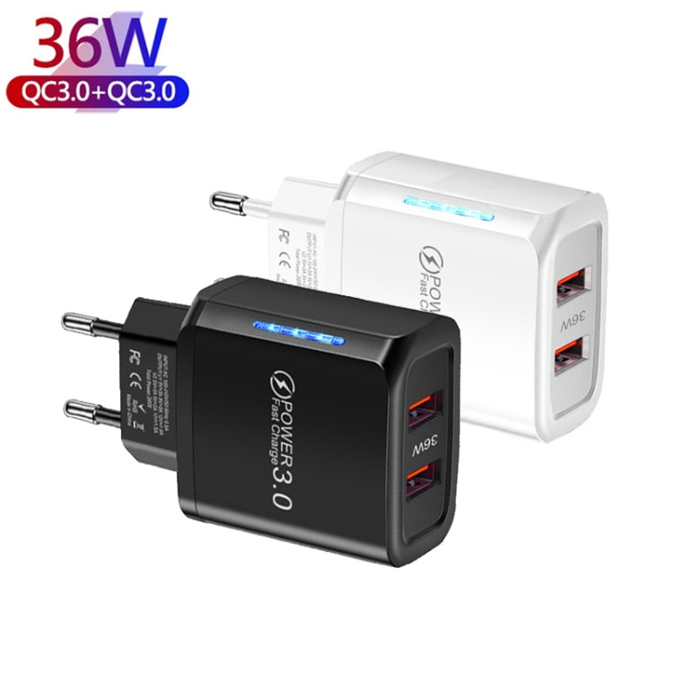 36W Dual Port QC3.0 USB Mobile Phone Charger Dual 18W Output, EU Plug, EU Plug