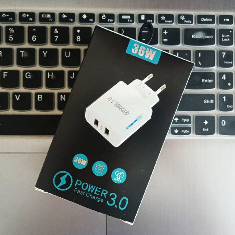 36W Dual Port QC3.0 USB Mobile Phone Charger Dual 18W Output, EU Plug, EU Plug