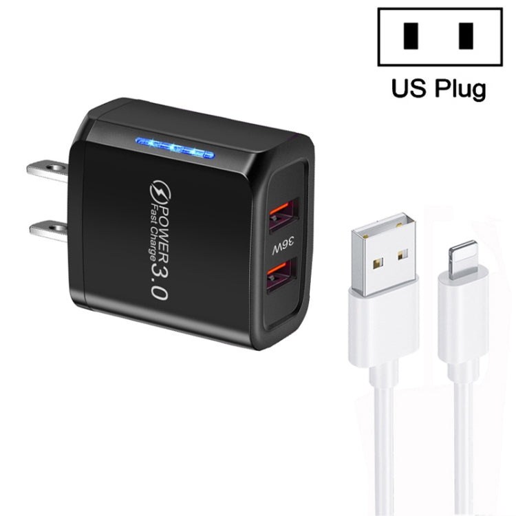 36W Dual Port QC3.0 USB Charger with 3A USB to 8 Pin Data Cable, US Plug, US Plug + USB to 8 Pin Cable
