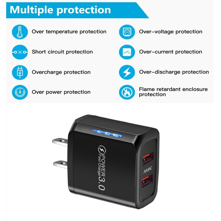 36W Dual Port QC3.0 USB Charger with 3A USB to 8 Pin Data Cable, US Plug, US Plug + USB to 8 Pin Cable
