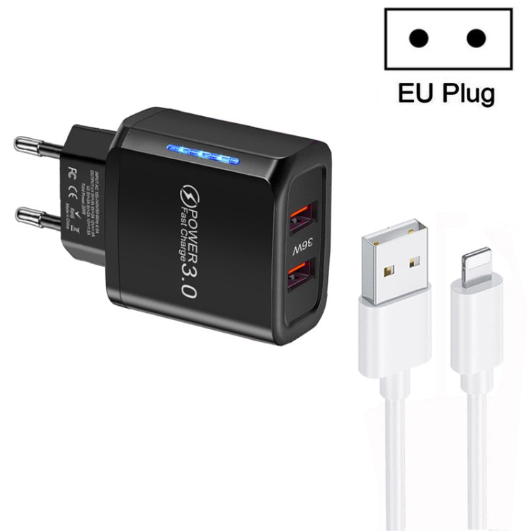 36W Dual Port QC3.0 USB Charger with 3A USB to 8 Pin Data Cable, EU Plug, EU Plug + USB to 8 Pin Cable