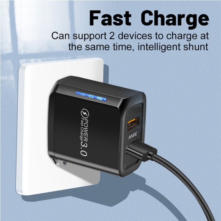 36W Dual Port QC3.0 USB Charger with 3A USB to 8 Pin Data Cable, EU Plug, EU Plug + USB to 8 Pin Cable