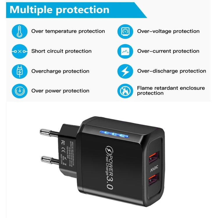 36W Dual Port QC3.0 USB Charger with 3A USB to 8 Pin Data Cable, EU Plug, EU Plug + USB to 8 Pin Cable