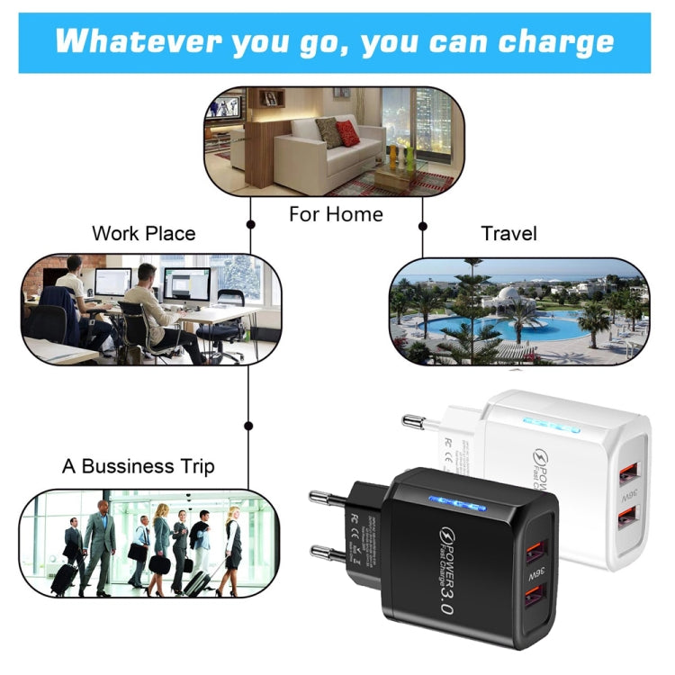 36W Dual Port QC3.0 USB Charger with 3A USB to 8 Pin Data Cable, EU Plug, EU Plug + USB to 8 Pin Cable