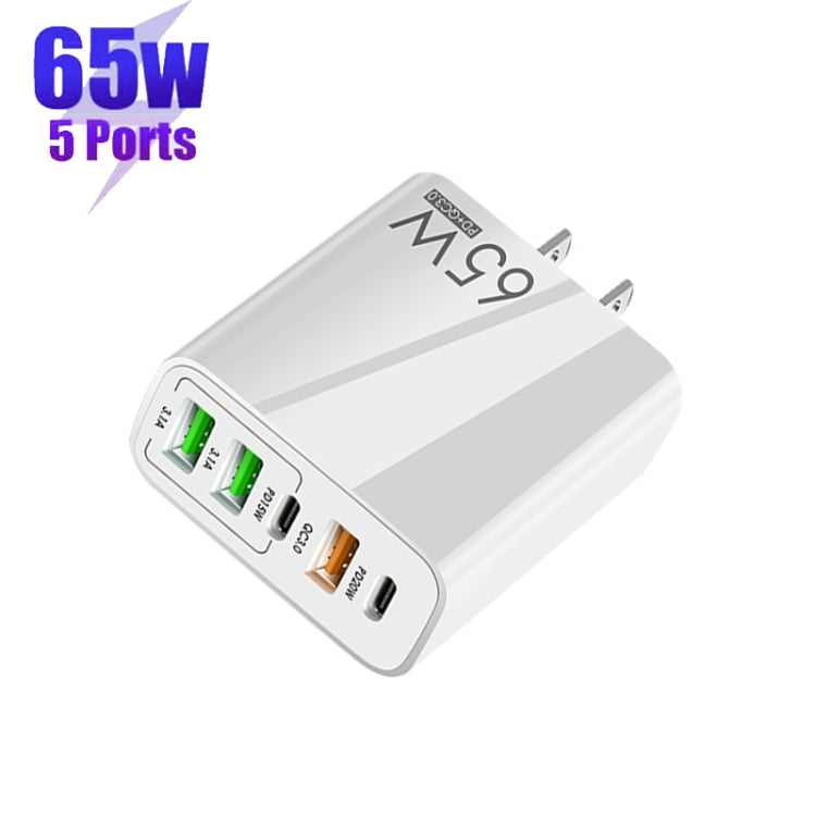 65W Dual PD Type-C + 3 x USB Multi Port Charger for Phone and Tablet PC, US Plug, US Plug