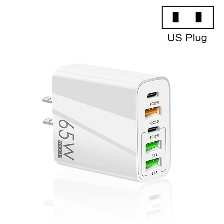 65W Dual PD Type-C + 3 x USB Multi Port Charger for Phone and Tablet PC, US Plug, US Plug