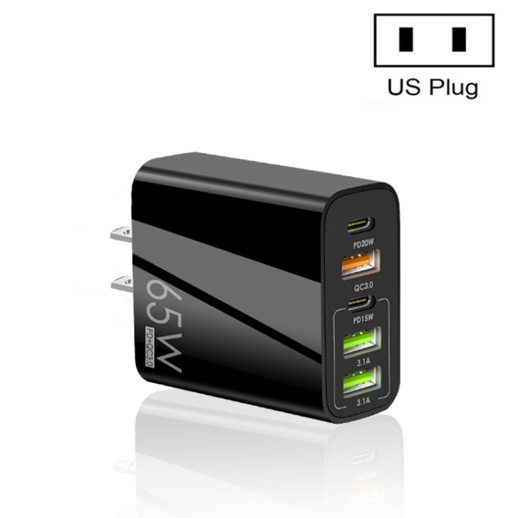 65W Dual PD Type-C + 3 x USB Multi Port Charger for Phone and Tablet PC, US Plug, US Plug