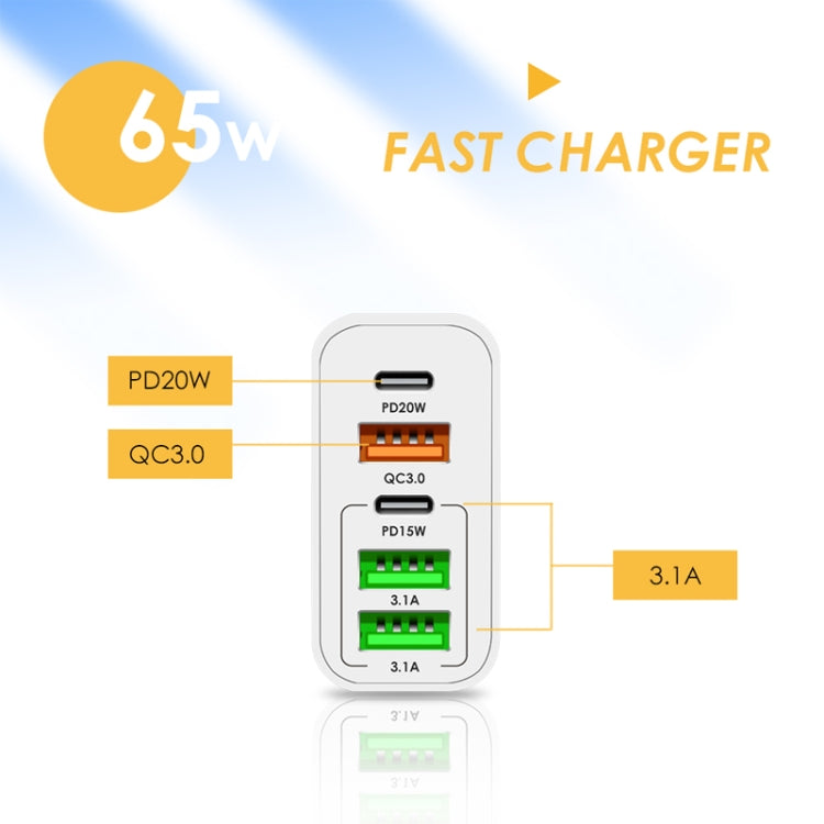 65W Dual PD Type-C + 3 x USB Multi Port Charger for Phone and Tablet PC, US Plug, US Plug