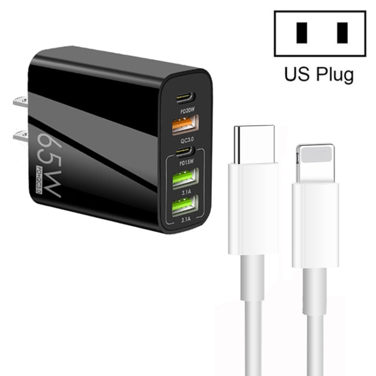 65W Dual PD Type-C + 3 x USB Multi Port Charger with 3A Type-C to 8 Pin Data Cable, US Plug, US Plug + Type-C to 8 Pin Cable