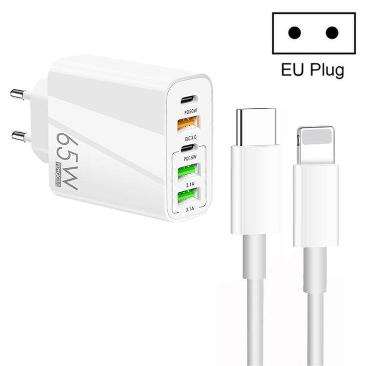 65W Dual PD Type-C + 3 x USB Multi Port Charger with 3A Type-C to 8 Pin Data Cable, EU Plug, EU Plug + Type-C to 8 Pin Cable