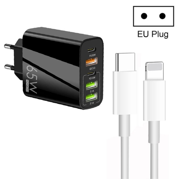 65W Dual PD Type-C + 3 x USB Multi Port Charger with 3A Type-C to 8 Pin Data Cable, EU Plug, EU Plug + Type-C to 8 Pin Cable