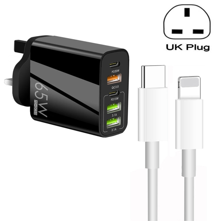 65W Dual PD Type-C + 3 x USB Multi Port Charger with 3A Type-C to 8 Pin Data Cable, UK Plug, UK Plug + Type-C to 8 Pin Cable
