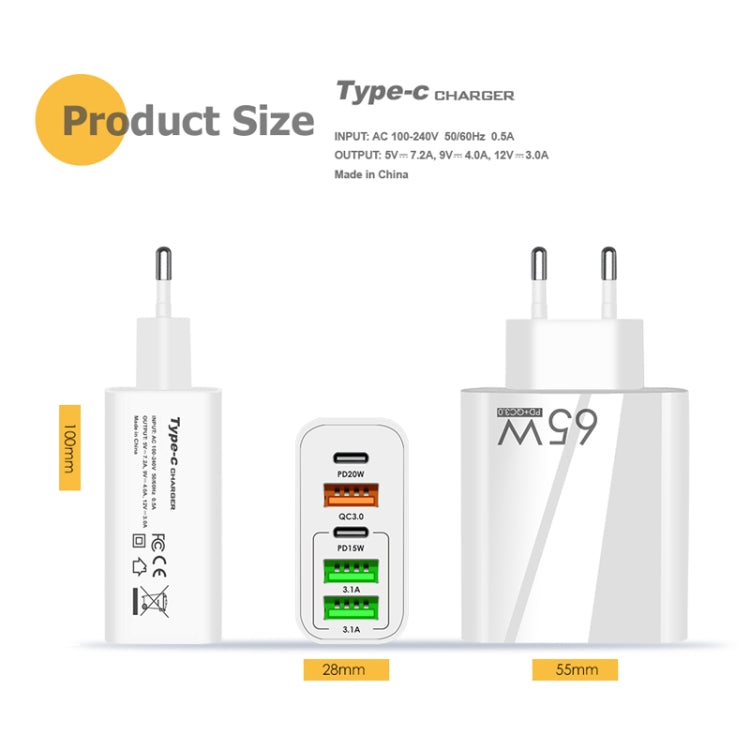 65W Dual PD Type-C + 3 x USB Multi Port Charger with 3A Type-C to 8 Pin Data Cable, UK Plug, UK Plug + Type-C to 8 Pin Cable