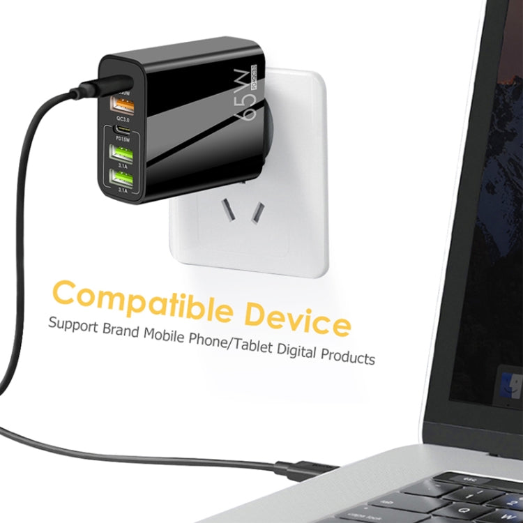 65W Dual PD Type-C + 3 x USB Multi Port Charger with 3A Type-C to 8 Pin Data Cable, UK Plug, UK Plug + Type-C to 8 Pin Cable