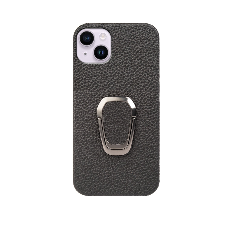 For iPhone 14 Plus Ring Holder Litchi Texture Genuine Leather Phone Case, For iPhone 14 Plus