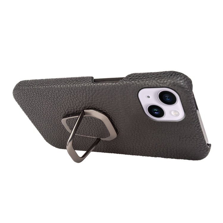 For iPhone 14 Plus Ring Holder Litchi Texture Genuine Leather Phone Case, For iPhone 14 Plus