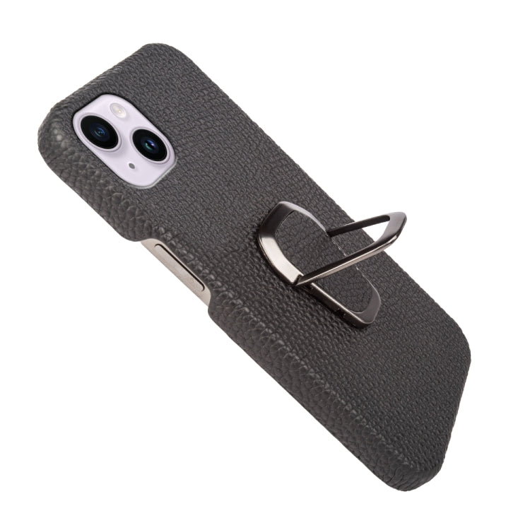 For iPhone 14 Plus Ring Holder Litchi Texture Genuine Leather Phone Case, For iPhone 14 Plus