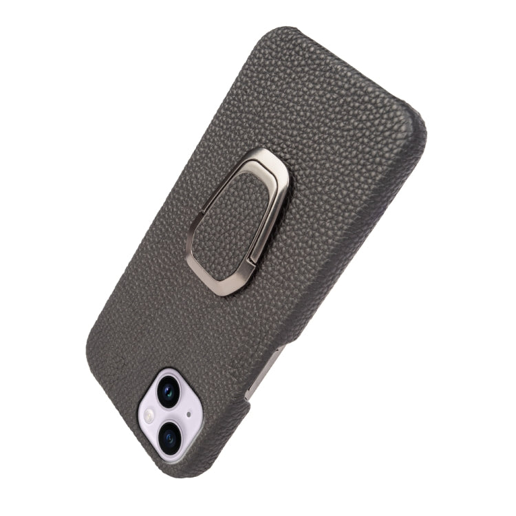 For iPhone 14 Plus Ring Holder Litchi Texture Genuine Leather Phone Case, For iPhone 14 Plus