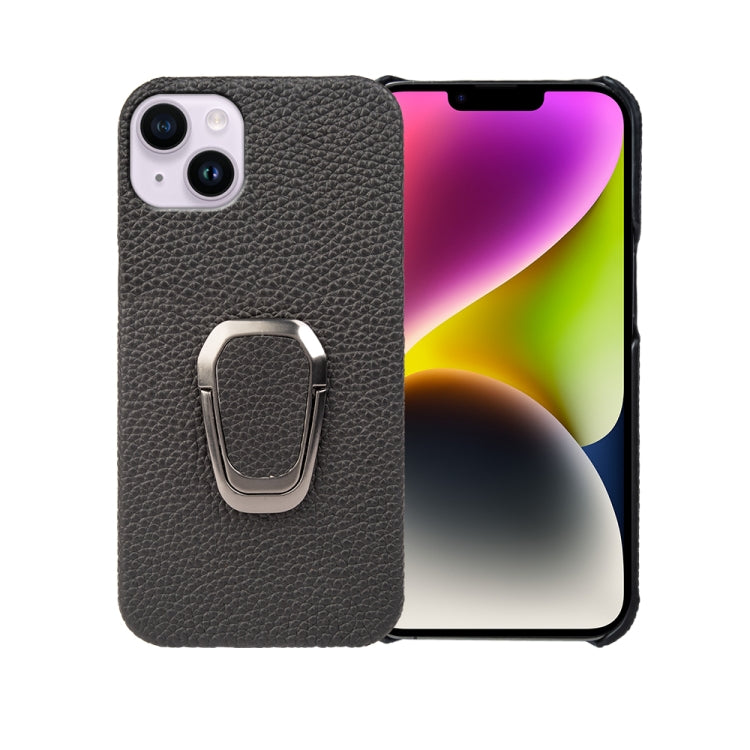 For iPhone 14 Plus Ring Holder Litchi Texture Genuine Leather Phone Case, For iPhone 14 Plus