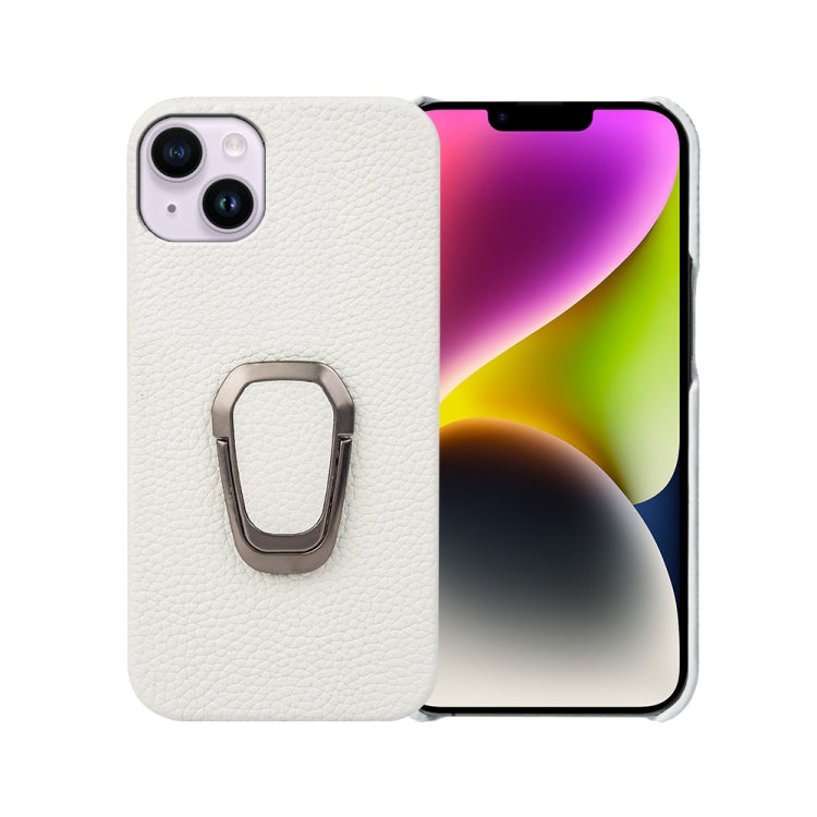 For iPhone 14 Plus Ring Holder Litchi Texture Genuine Leather Phone Case, For iPhone 14 Plus