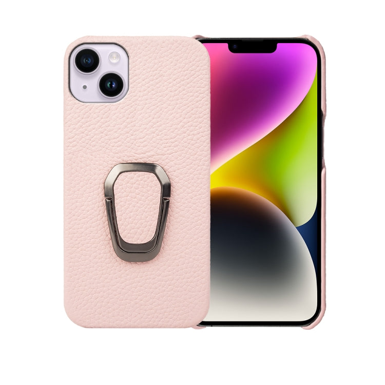 For iPhone 14 Plus Ring Holder Litchi Texture Genuine Leather Phone Case, For iPhone 14 Plus
