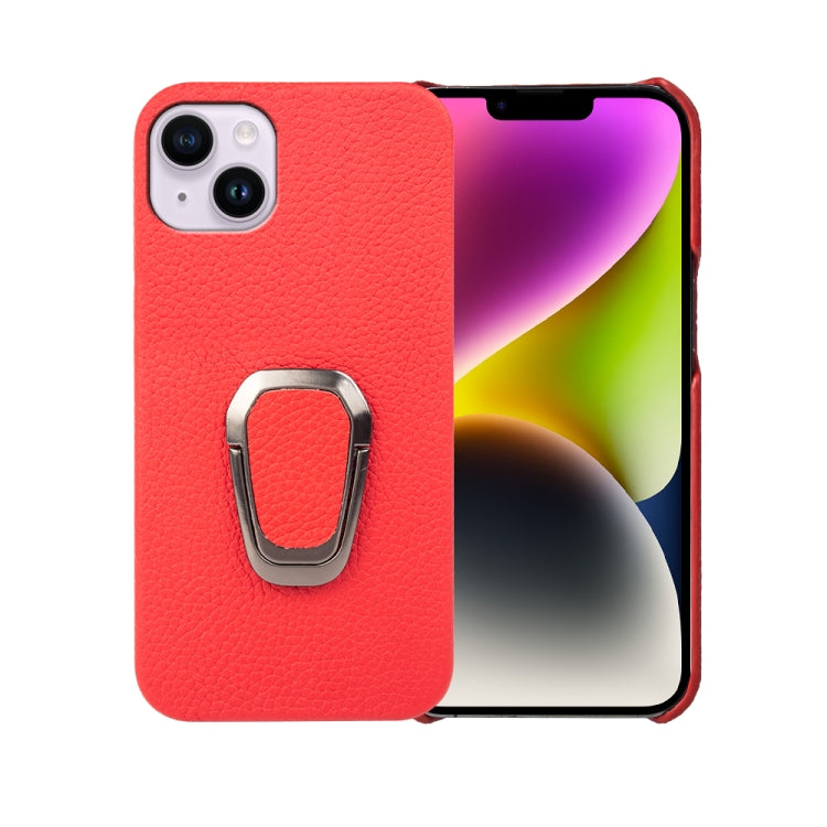 For iPhone 14 Plus Ring Holder Litchi Texture Genuine Leather Phone Case, For iPhone 14 Plus
