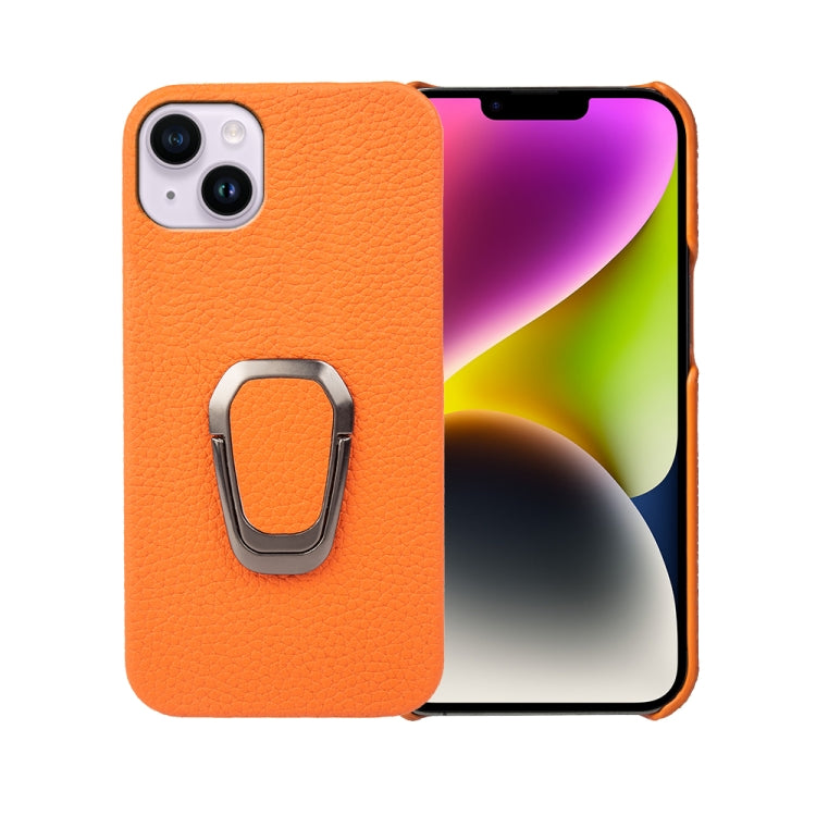 For iPhone 14 Plus Ring Holder Litchi Texture Genuine Leather Phone Case, For iPhone 14 Plus