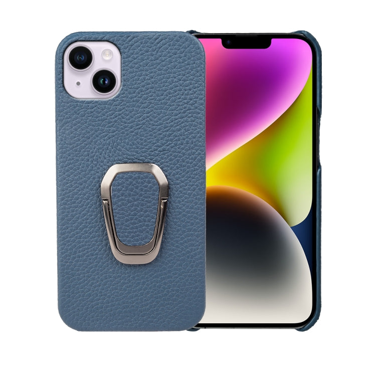 For iPhone 14 Plus Ring Holder Litchi Texture Genuine Leather Phone Case, For iPhone 14 Plus