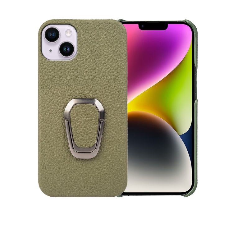 For iPhone 14 Plus Ring Holder Litchi Texture Genuine Leather Phone Case, For iPhone 14 Plus