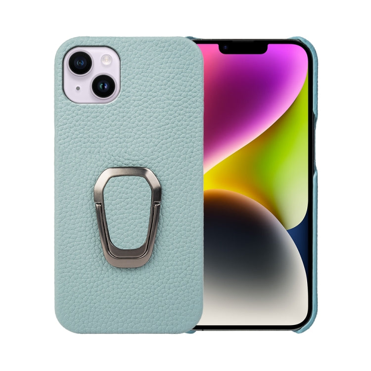 For iPhone 14 Plus Ring Holder Litchi Texture Genuine Leather Phone Case, For iPhone 14 Plus