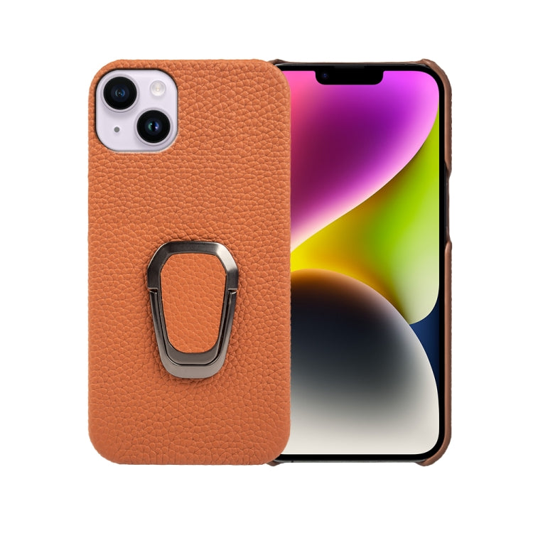For iPhone 14 Plus Ring Holder Litchi Texture Genuine Leather Phone Case, For iPhone 14 Plus