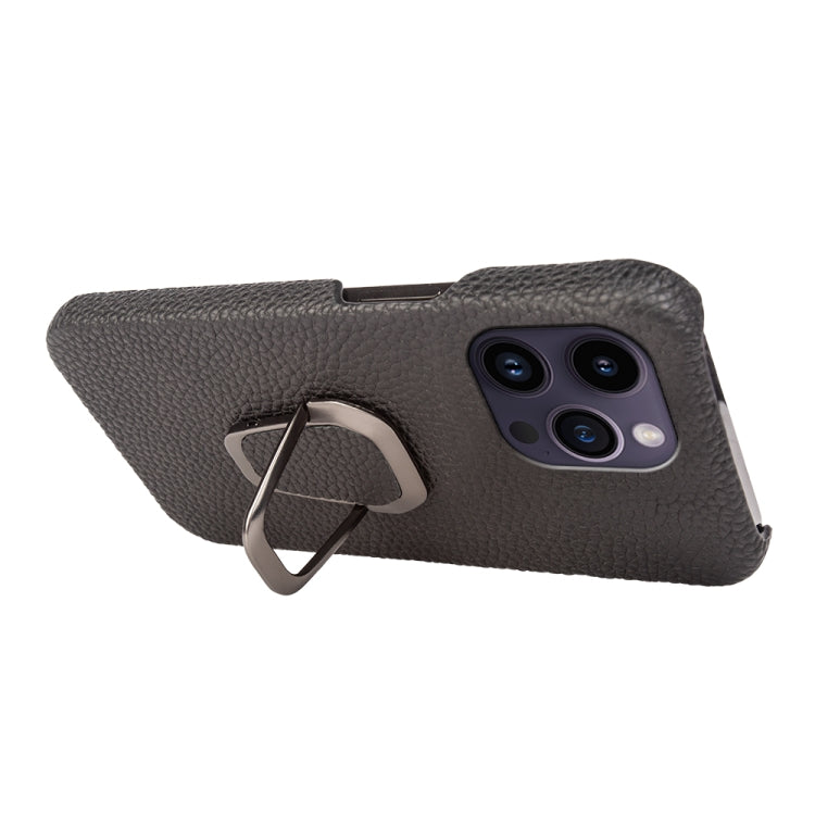 For iPhone 14 Pro Max Ring Holder Litchi Texture Genuine Leather Phone Case, For iPhone 14 Pro Max