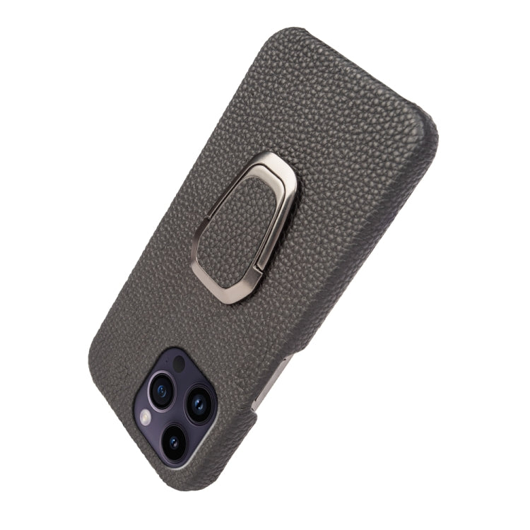 For iPhone 14 Pro Max Ring Holder Litchi Texture Genuine Leather Phone Case, For iPhone 14 Pro Max