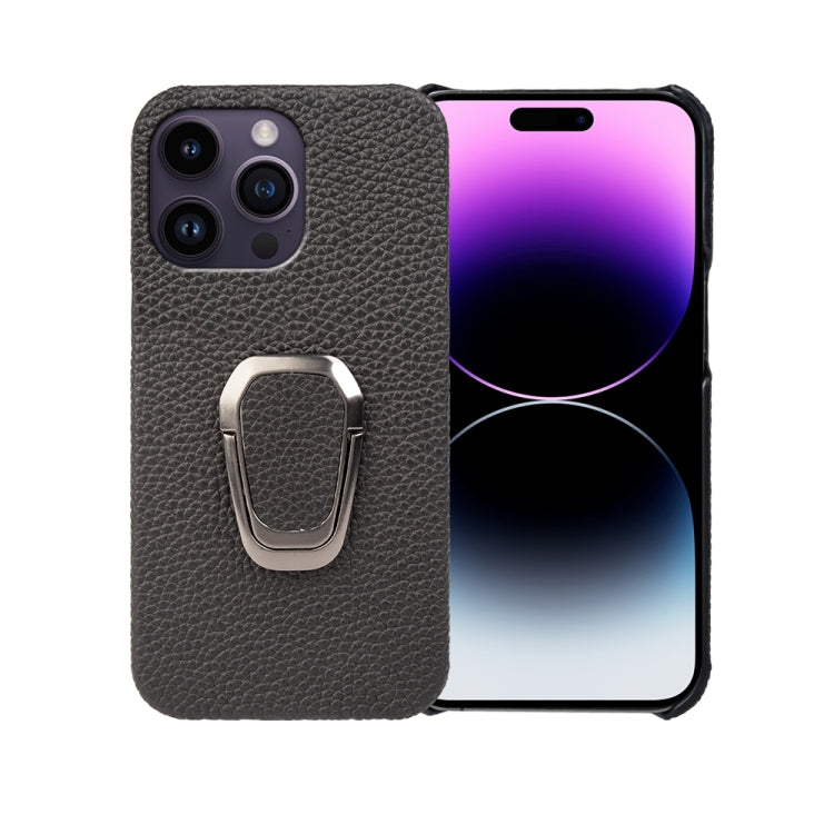 For iPhone 14 Pro Max Ring Holder Litchi Texture Genuine Leather Phone Case, For iPhone 14 Pro Max