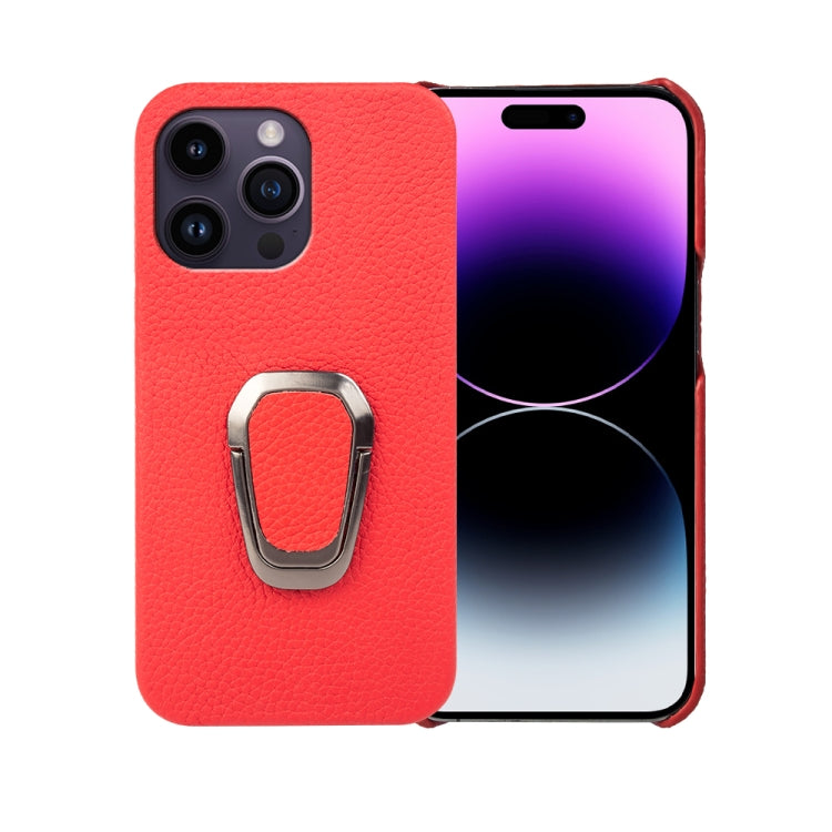 For iPhone 14 Pro Max Ring Holder Litchi Texture Genuine Leather Phone Case, For iPhone 14 Pro Max