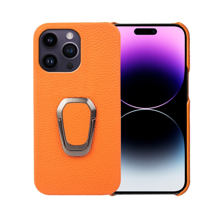 For iPhone 14 Pro Max Ring Holder Litchi Texture Genuine Leather Phone Case, For iPhone 14 Pro Max