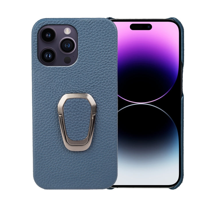For iPhone 14 Pro Max Ring Holder Litchi Texture Genuine Leather Phone Case, For iPhone 14 Pro Max