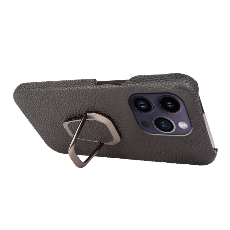 For iPhone 14 Pro Ring Holder Litchi Texture Genuine Leather Phone Case, For iPhone 14 Pro