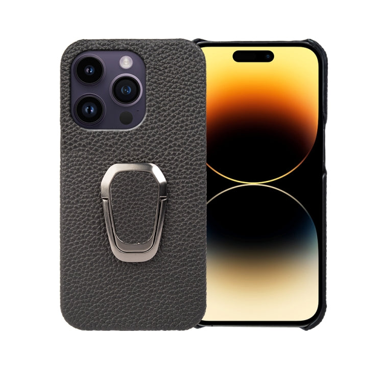 For iPhone 14 Pro Ring Holder Litchi Texture Genuine Leather Phone Case, For iPhone 14 Pro