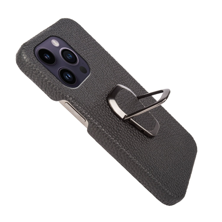 For iPhone 14 Pro Ring Holder Litchi Texture Genuine Leather Phone Case, For iPhone 14 Pro