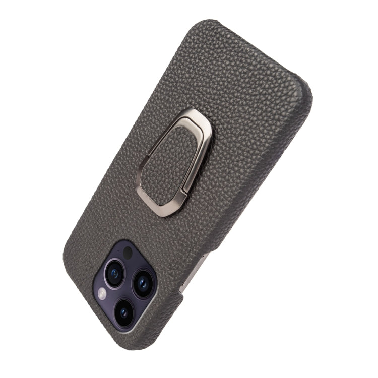 For iPhone 14 Pro Ring Holder Litchi Texture Genuine Leather Phone Case, For iPhone 14 Pro