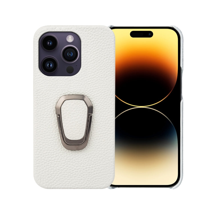 For iPhone 14 Pro Ring Holder Litchi Texture Genuine Leather Phone Case, For iPhone 14 Pro