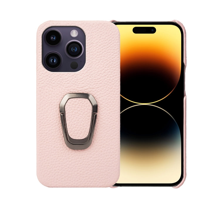 For iPhone 14 Pro Ring Holder Litchi Texture Genuine Leather Phone Case, For iPhone 14 Pro