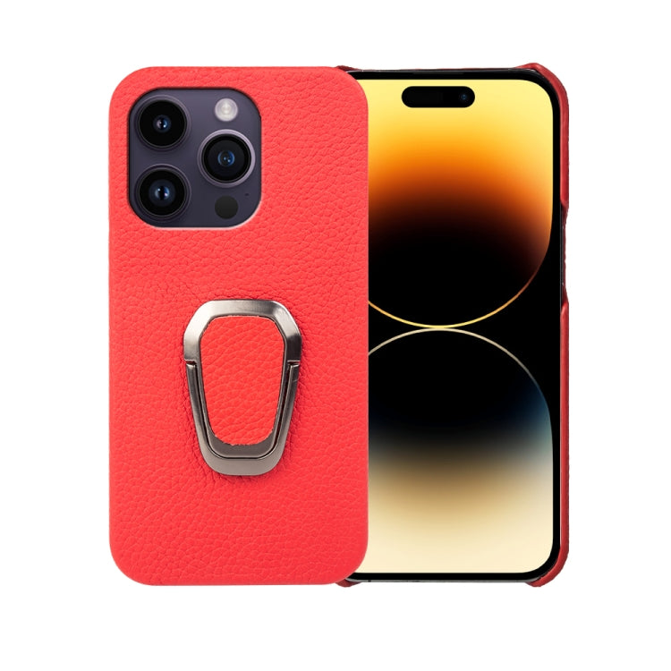 For iPhone 14 Pro Ring Holder Litchi Texture Genuine Leather Phone Case, For iPhone 14 Pro