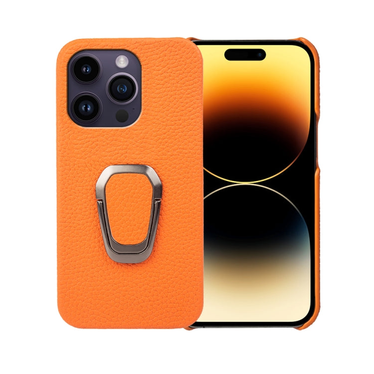 For iPhone 14 Pro Ring Holder Litchi Texture Genuine Leather Phone Case, For iPhone 14 Pro