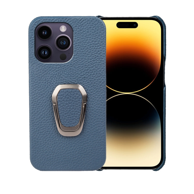 For iPhone 14 Pro Ring Holder Litchi Texture Genuine Leather Phone Case, For iPhone 14 Pro